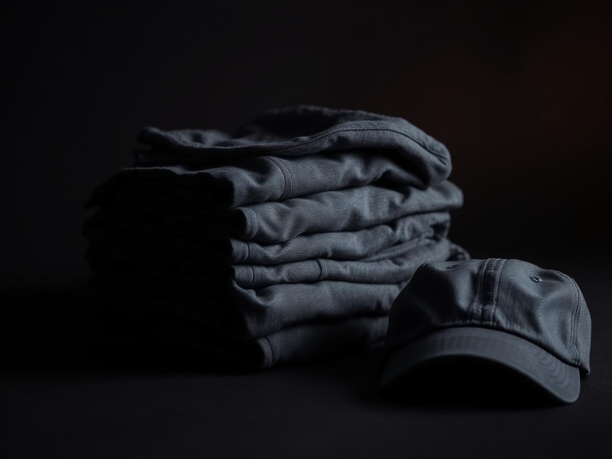 Folded branded apparel and a cap stacked on a dark table