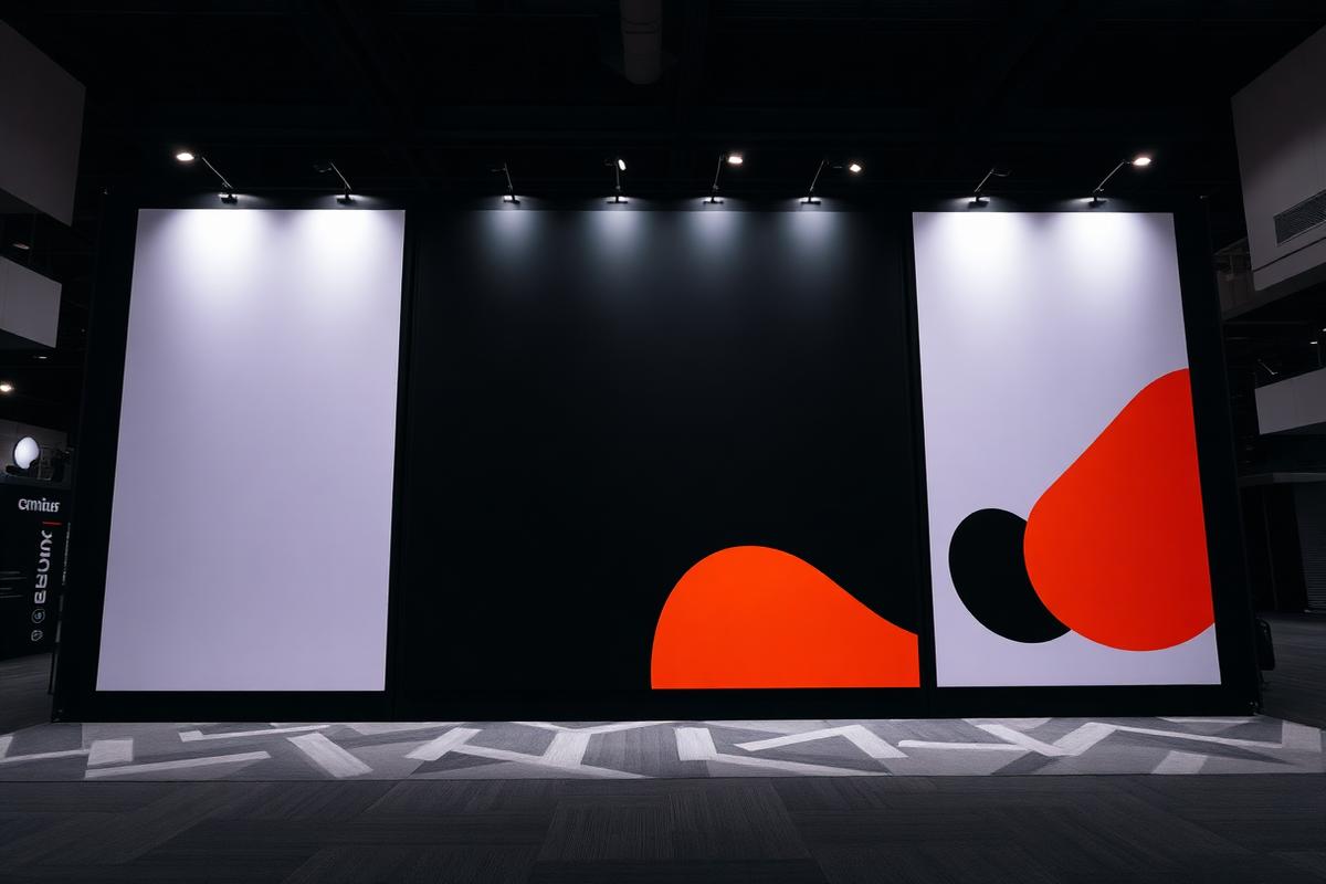 Large bold booth graphic panels in black and orange under spotlights