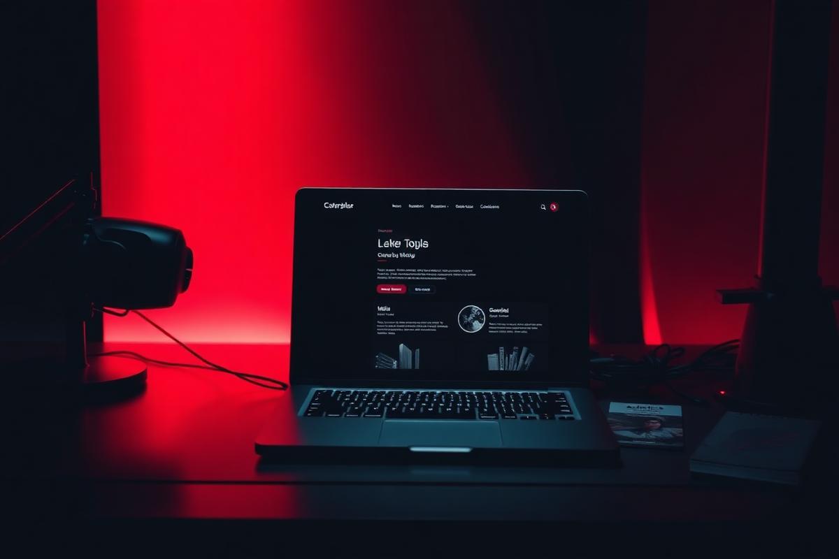 Laptop showing a dark custom website design in a Phoenix agency studio