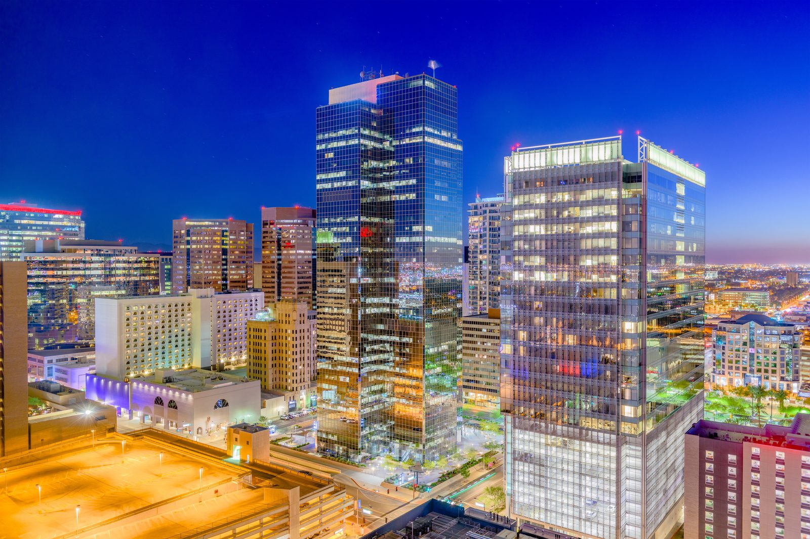 Downtown Phoenix office towers at blue hour