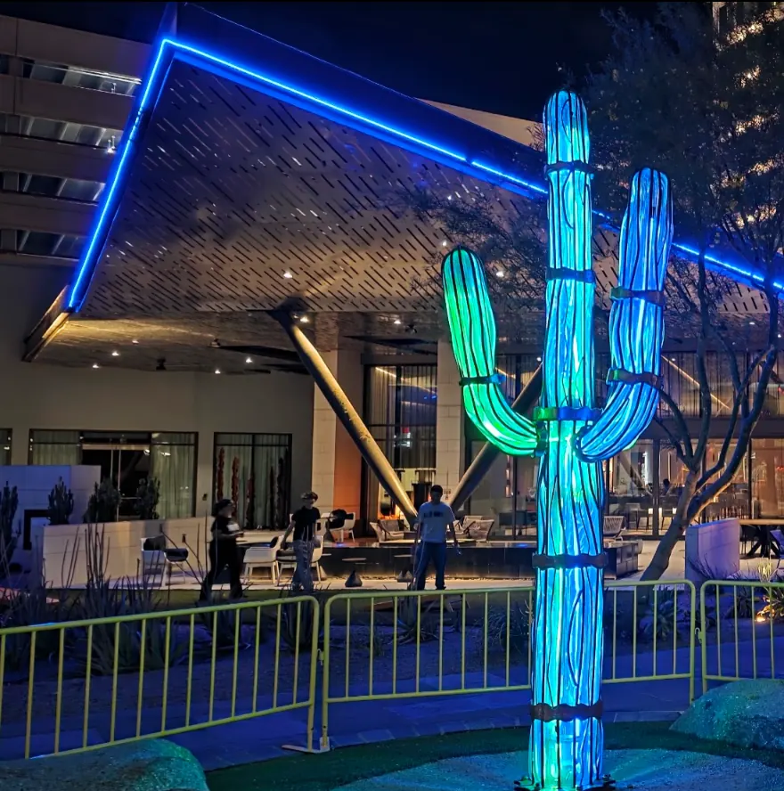 Illuminated neon cactus sculpture in Phoenix, Arizona
