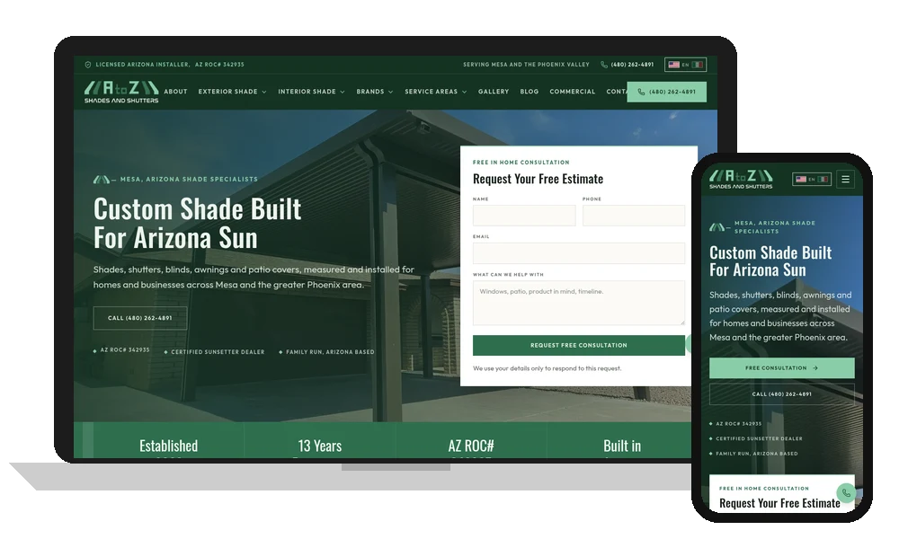 A to Z Shades & Shutters website by Phoenix AZ Ad Agency